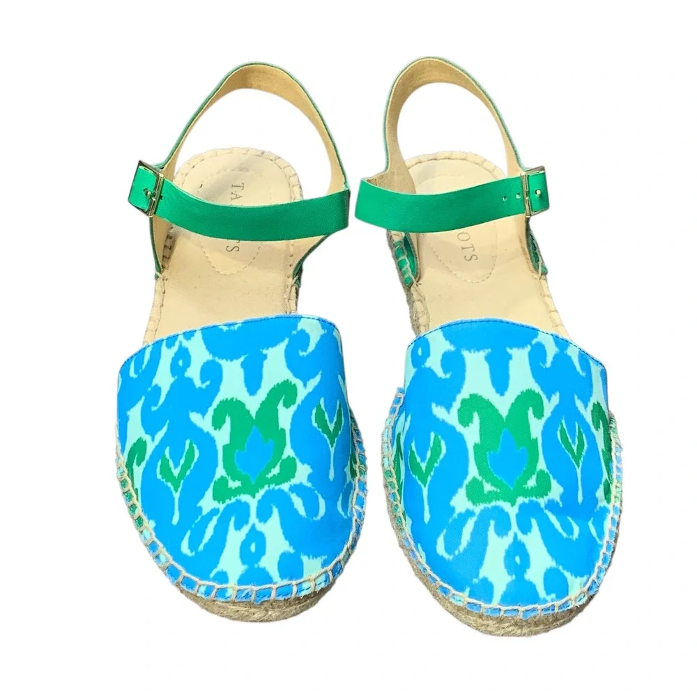 Talbots Izzy IKAT Medallion Espadrille Sandals Blue Green Ankle Strap‎ Summer 8